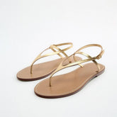 Goldstep Leather Flat Sandals — Luxe Édition | صندل جلدي ذهبي مسطح فاخر