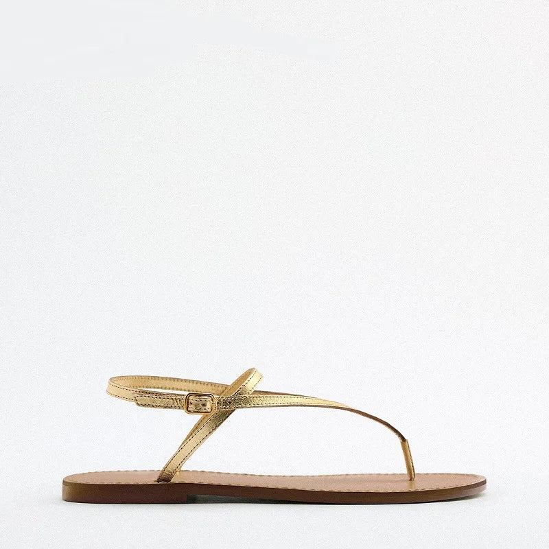 Goldstep Leather Flat Sandals — Luxe Édition | صندل جلدي ذهبي مسطح فاخر